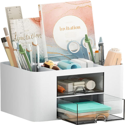 Marbrasse Pen Organizer with 2 Drawer, Multi-Functional Pencil Holder for Desk, Desk Organizers and Accessories with 5 Compartments + Drawer for Office Art Supplies (White)