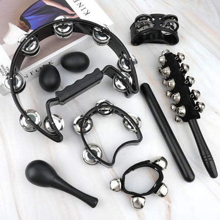 13 Pcs Black Tambourine Set,Double Row Metal Jingles,Foot Tambourine,Egg Shakers,Wrist Bells,Maracas,Rhythm Sticks,Musical Percussion Instrument Set for Church,KTV and Parties