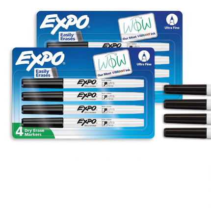 Dry Erase Markers, Low Odor Ink, Black, Ultra Fine Tip, 4 Count
