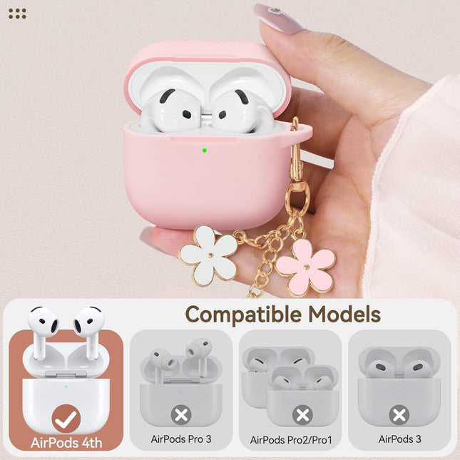 Soft Pink Silicone Protective Case Cover for 4th Generation Earbud Case with Flower Chain