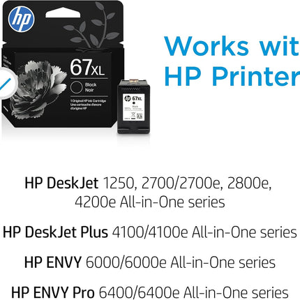 HP 67XL Black High-Yield Ink Cartridge | Works with DeskJet 1255, 2700, 4100, Envy 6000, 6400 Series | Eligible for Instant Ink | 3YM57AN | Packaging May Vary