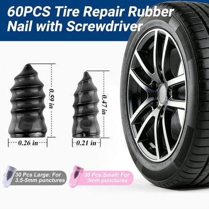 61PCS Tire Repair Rubber Nail Kit, Premium Spiral Screw-in Tire Plugs with 2 Sizes, Emergency Roadside Flat Tire Fix Tool for Car Truck Motorcycle Tractor ATV SUV (60 PCS + 1PC Screwdriver)
