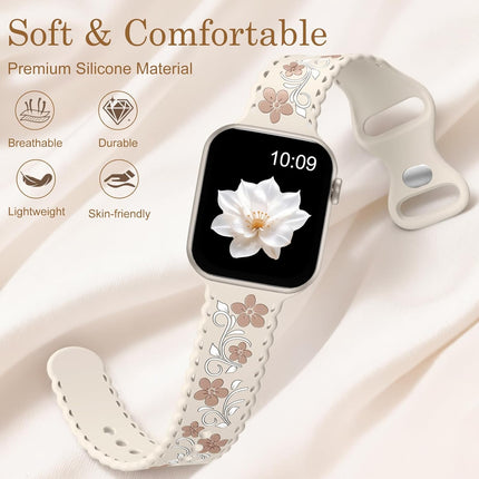 Getino Floral Band Compatible with Apple Watch Bands For Women 40mm 42mm 41mm 38mm 44mm 45mm 46mm 49mm, Cute Engraved Flower Soft Comfortable Silicone Strap for iWatch Series 11 10 9 8 7 6 5 4 3-1 SE