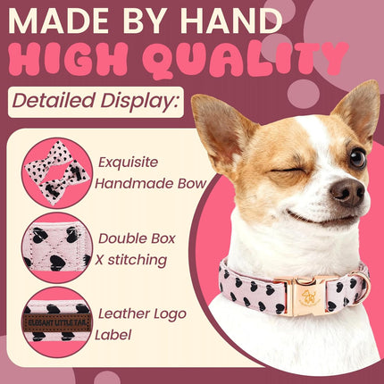 Elegant little tail Valentine's Dog Collar - Pink Black Heart Dog Collars Bowtie Pet Collars with Sturdy Metal Buckle Puppy Adjustable Collar for Medium Dogs