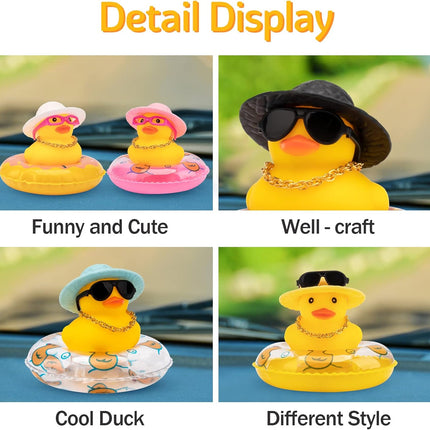 Car Duck Dashboard Decoration, Rubber Duck Car Ornament for Dashboard Decoration Accessories with Mini Bow Tie Gold Chain Straw Hat Sunglasses
