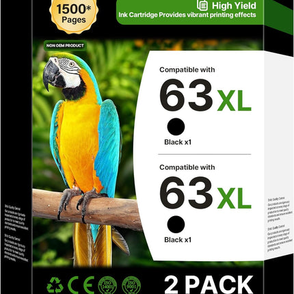 63XL Black Ink Cartridge (2-pack) High-yield for HP Ink 63 63XL HP63 XL Combo Pack Works for DeskJet 1112, 2130, 3630 Series; ENVY 4510, 4520 Series; OfficeJet 3830, 4650, 5200 Series Printer F6U62AN