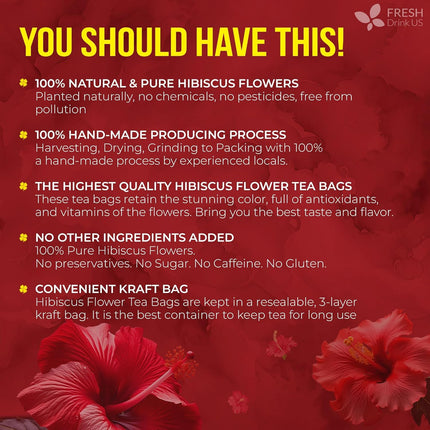 FRESHDRINKUS 140 Hibiscus Flowers Tea Bags, 100% Natural, Pure from Hibiscus Flowers. Loose Flower Hibiscus Herbal Tea. Hibiscus Flower Tea. No Sugar, No Caffeine, No Gluten, Vegan.