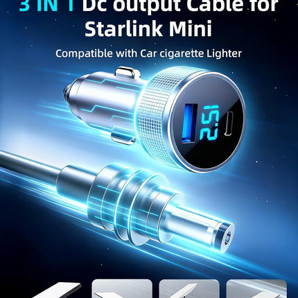 starlink mini car Adapter, 3 in 1 Starlink Mini Car Adapter DC Power Cable and Cigarette Lighter Adapter 12V-48V with Voltage Display, Durable USB-C PD 45W and USB-A 35W Ports，Suitable for Cars（10FT）