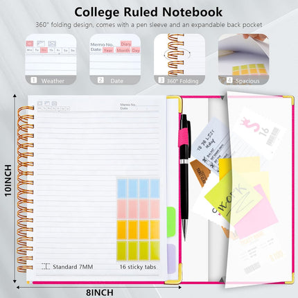 Hardcover Spiral Notebook College Ruled, 8"x10" Leather Journal Notebook with Magnetic Closure, 300 Pages 5 Subject Notebook with Dividers Tabs Journal for Women Men, Work, School