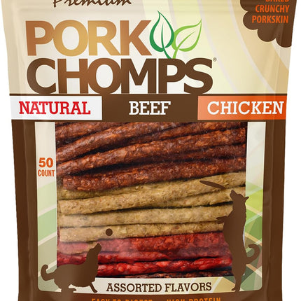 Pork Chomps Dog Chews, 5 Inch Munchy Sticks, 50 Count - Assorted Flavors: Roasted Pork, Chicken, & Bacon - Long-Lasting Treats for Dogs - High Protein, Low Fat, Healthy & Delicious Chews (1 Pack)