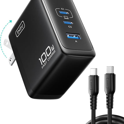 INIU for MacBook Pro Charger, 100W GaN Tech Fast Charging, 3-Port Compact Foldable Charger with USB C Cable, Power Adapter for Mac Book, iPhone 17, Samsung S25, Switch, Photographers, Outdoor, Travel