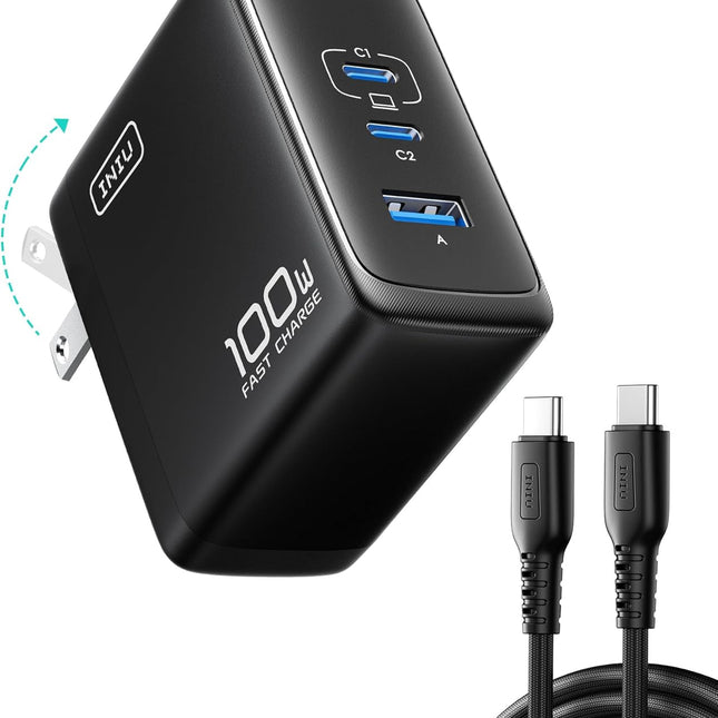 Charger for MacBook Pro, 100W GaN Tech Fast Charging, 3-Port Compact Foldable Charger with USB C Cable, Power Adapter