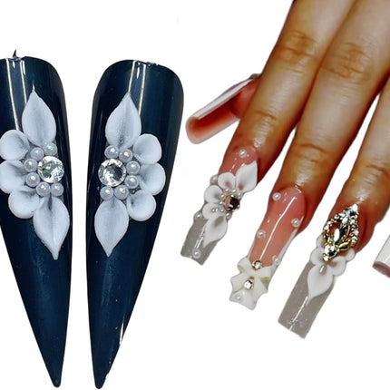 Set 8Pcs 3D Black Flowers Nails Charms With Rhinestone Gems Handmade by Acrylic Powder Design For Long Nail L,XL,XXL Flower Nail Art Floral Salon Decor Women Girls (Black -8Pcs)