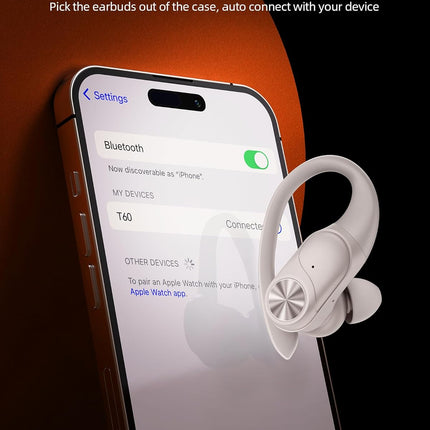PocBuds Bluetooth Headphones Wireless Earbuds 80hrs Playtime Wireless Charging Case Digital Display Sport Ear Buds with Earhook Deep Bass IPX7 Waterproof Over-Ear Earphones for Phone Laptop Beige