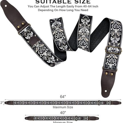 Jacquard Embroidered Guitar Strap, Genuine Cowhide Leather Ends, Adjustable for Bass Electric Acoustic