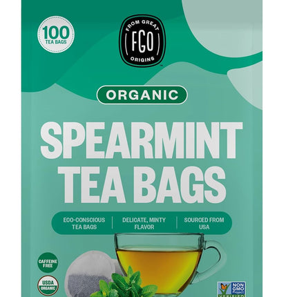 FGO Organic Spearmint Leaf Tea, 100 Count, Eco-Conscious Tea Bags, Caffeine Free, Resealable Bag, Packaging May Vary (Pack of 1)