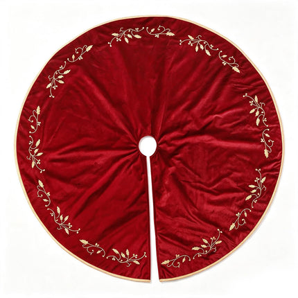 Christmas Tree Skirt, 48 inches Red Velvet Plush Fur Skirts with Gold Embroidered Holly Leaf for Rustic Xmas Tree Holiday Decorations