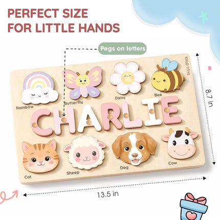 Custom Wooden Name Puzzle for Toddlers 1-3, Personalized Baby Gift with Animal Theme, First Birthday Gift for Boys & Girls, Alphabet Learning Toy