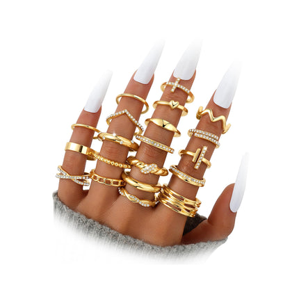 Gold Stackable Rings Set for Women, Gold Plated Chunky Crystal Finger Rings