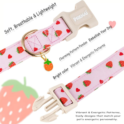 PREHAI Pink Strawberry Dog Collar Sweet Spring Summer Collars with Cute Strawberries Pattern for Female Girl Small Medium Large Dogs S