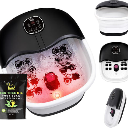 Collapsible Foot Spa Bath Massager with Heat Bubbles and Vibration Massage and Jets, 16oz Tea Tree Oil Foot Soak with Epsom Salt, Foot Bath Basin with Red Light & Remote - Black
