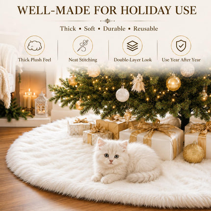 48 Inch White Faux Fur Christmas Tree Skirt, Plush Tree Base Cover for Holiday Party and Home Christmas Decor