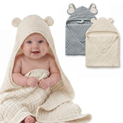 Muslin Baby Hooded Towel 2 Pack, Soft & Absorbent Bath Towel for Infant, Toddler, Unisex, Baby Gift, Newborn Essentials, Bear & Lamb