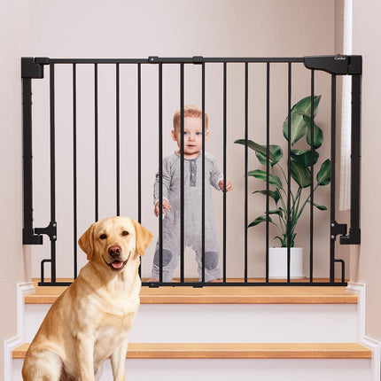 Cumbor 29.2–43" Baby Gate for Stairs, Hardware Mounted (Drill Required), Expandable No Bottom Bar Dog Gate, Auto Close Extra Wide Walk Thru, Pet & Toddler Proof Gate, Top & Bottom of Stairways(Black)