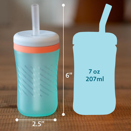 The First Years Silicone Squeeze & Sip Straw Cup - Spill-Proof Toddler Training Cups - Dishwasher Safe - Orange and Blue - 7 oz - 2 Count - Ages 6 Months+