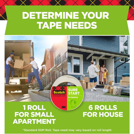 Scotch Sure Start Shipping Packaging Tape, 1.88" x 54.6 yd, Designed for Packing, Shipping and Mailing, Quiet Unwind, No Splitting or Tearing, 3" Core, Clear, 1 Roll (345)