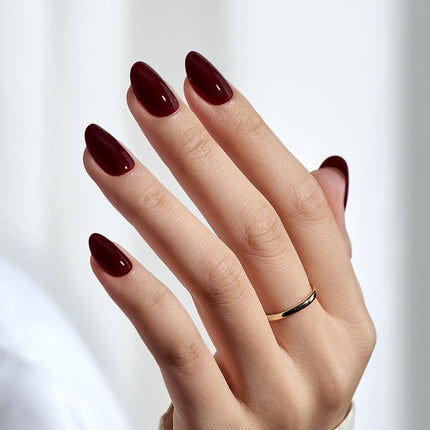 Press On Nails, Short Oval Dark Red Fake Nails, 32Pcs Full Kit - photo 3