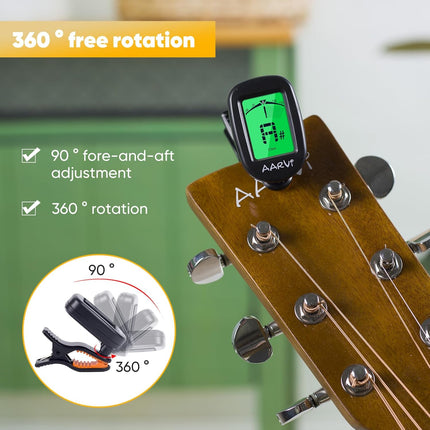 AARVI Clip On Guitar Tuner for All Instruments, Acoustic/Electric Guitar, Ukulele, Bass, Violin, Banjo, Large Clear LCD Display for Guitar Tuning, Chromatic Tuner, 4 Pack Guitar Picks Included