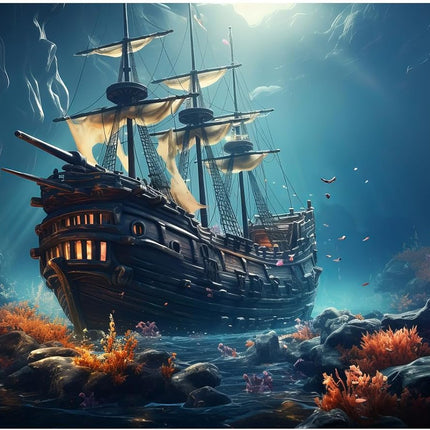 Sunken Ship Aquarium Background Undersea Pirate Shipwreck Fish Tank Background Tropical Coral Reefs Ocean Seabed seascape Reptile Tank Backgrounds Tropical Marine Life Terrarium Backgrounds 24x16in