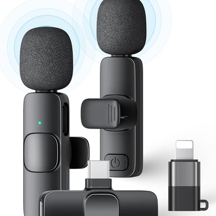 2 Pack Wireless Lavalier Microphone for iPhone iPad and Android Phone, Lapel Mic Plug and Play Wireless Mic Noise Reduction Mini Microphone for Video Recording Interview Podcast Vlog YouTube Tiktok
