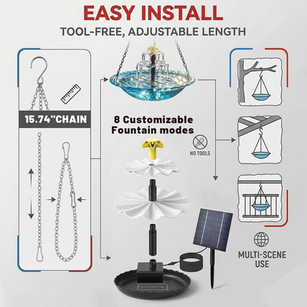 2026 Solar Cascade Hanging Bird Bath Fountain, Hanging Solar Birdbath with Plastic Bowl, 2-in-1 Birdbath & Water Station, 8 Spray Modes Hummingbird Bath for Outdoor Garden Patio