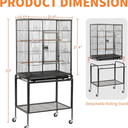 VINGLI 53-inch Bird Cage with Wheels, Durable Wrought Iron Parakeet Cage with Slide Out Tray, Black Bird Cages for Parakeets/Lovebird/Cockatiels/Budgies and Other Small/Medium Birds (Large-53 inch)