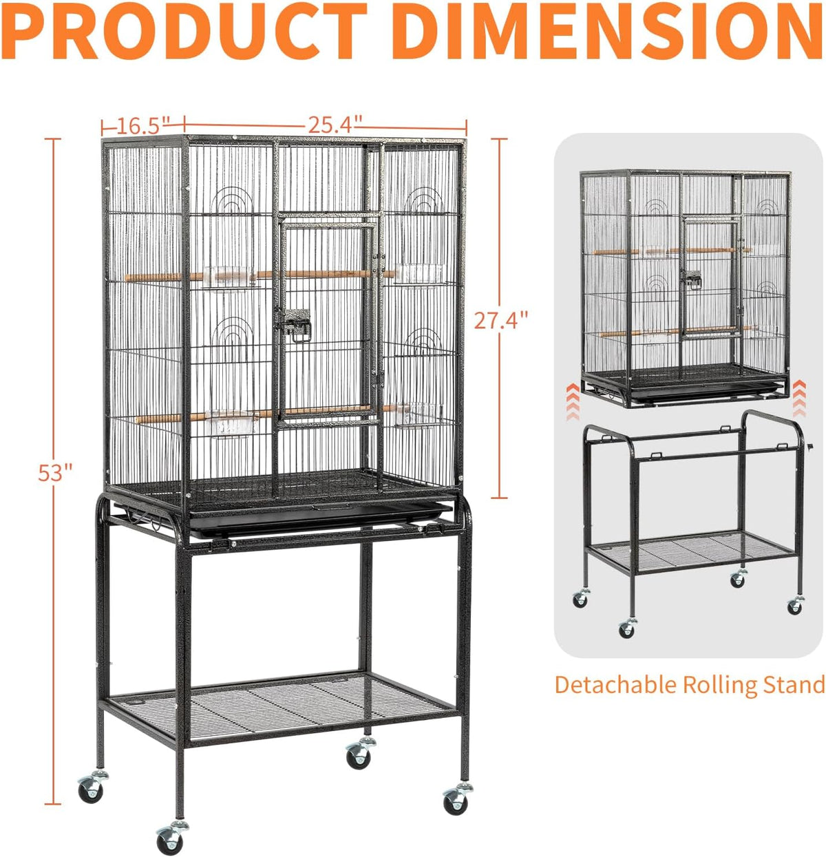 53-inch Bird Cage with Wheels, Durable Wrought Iron Parakeet Cage with Slide Out Tray, Black Bird Cages - photo 5