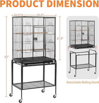 53-inch Bird Cage with Wheels, Durable Wrought Iron Parakeet Cage with Slide Out Tray, Black Bird Cages - photo 5