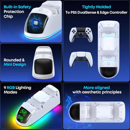 OIVO PS5 Controller Charger Station Compatible with PlayStation 5 Dualsense & Edge Controllers, RGB PS5 Controller Charging Dock Holder Stand with Fast Charge Cable for PS 5 Accessories Kits