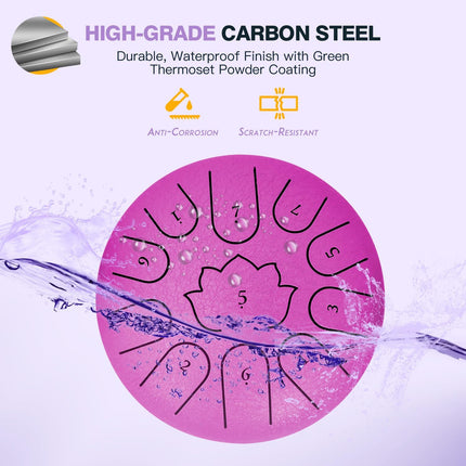 Rain Drum for Outside Garden,6 Inch 11 Note 440Hz Steel Tongue Drum C Major, Steel Drum for Kids & Adults, Music Education & Meditation Drum for Patio&Backyard, with Mallets, Bag&Book(Purple)