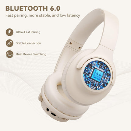 Bluetooth Headphones Over Ear, 65 Hours Playtime Headphones Wireless with Mic, Low Latency Foldable Lightweight Headset with Deep Bass, HiFi Stereo Sound Headphones for School Work (Beige)