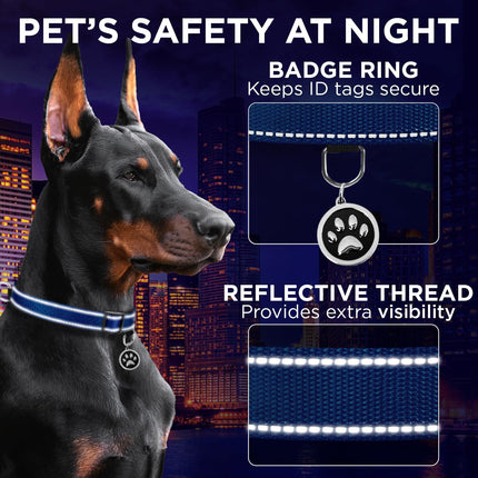 TECEUM Reflective Dog Collar – Navy Blue – S – Extra Soft Padding – Basic Nylon Pet Collar – Quick Release Buckle – Fits Small, Medium and Large Dogs, Puppies, Cats – ESA & Service Dog Options