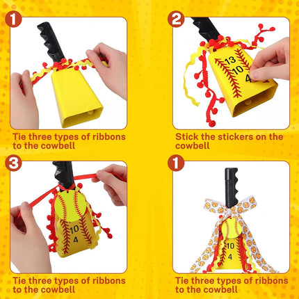 2 Set 9 Inch Softball Cow Bell for Sporting Events with Letter Stickers Ribbon and Labels DIY Cowbell Noise Makers with Handle for Games Graduation Parties Schools Farms and Percussion Music