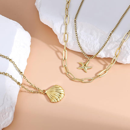 Shell Necklace for Women, 14k Gold Layered Starfish SeaShell Pendant Charm Necklace Dainty Non Tarnish Waterproof Adjustable Silver Choker Paperclip Necklaces Stack Jewelry for Summer Beach Vacation