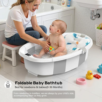 Collapsible Baby Bathtub for Newborn to Toddlers 0-36 Months, Large Baby Tub with Thermometer & Cushion, Easy Setup Foldable Travel Infant Bathtub, Newborn Babies Boy Girl Bath Tubs Grey
