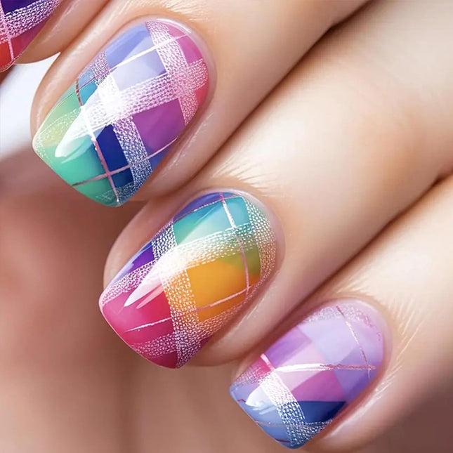 Rainbow Checkered Press on Nails Short Square Gradient Fake Nails with