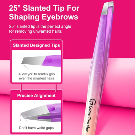 Expert Slant and Point Tip Tweezer Set with Exclusive Storage & Carrying Case, GlamTweeler Sharp & Precision Tweezer Set for Eyebrows, Facial Hairs and Fine Hairs Removal (Sparkle Violet + Silver)