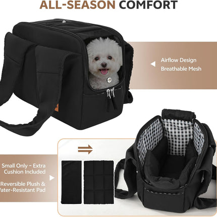 Dog Purse Carrier for Small Dogs and Cats, Soft-Sided Pet Tote Bag with 6 Large Pockets, Collapsible Travel Puppy Carrier with Small Cushion, Fits Pets up to 6 lbs (Black, 13.6" L x 6.6" W x 10" H)