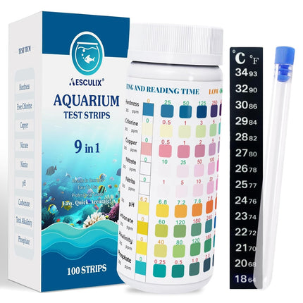 9 in 1 Aquarium Test Strips, 100 Count, Fish Tank Water Test Kit for Freshwater & Saltwater, Tests Nitrate, Nitrite, pH, KH, Total Alkalinity, Hardness, Free Chlorine, Copper & Phosphate