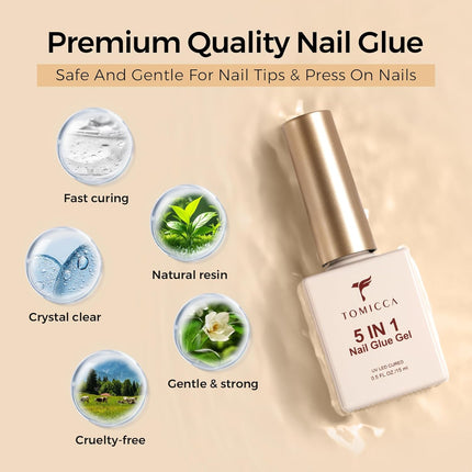 TOMICCA 5 in 1 Brush On Nail Glue Gel for Nail Tips and Press On Nails, 15ml Long‑Lasting UV Nail Adhesive for Nail Extension, Stronger Nail Glue for Spring Nail Art